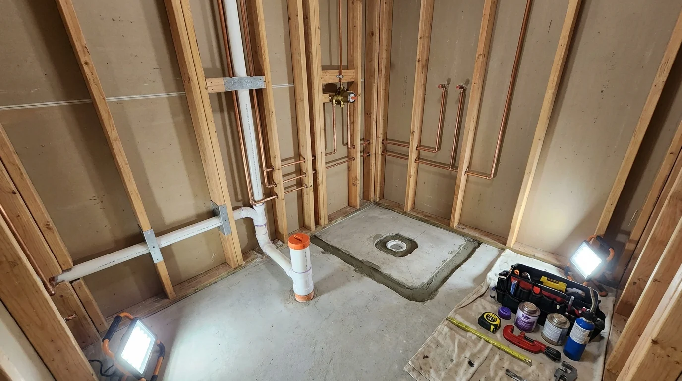 Bathroom rough-in plumbing during remodel by Johns Plumbing LLC in Kingsland