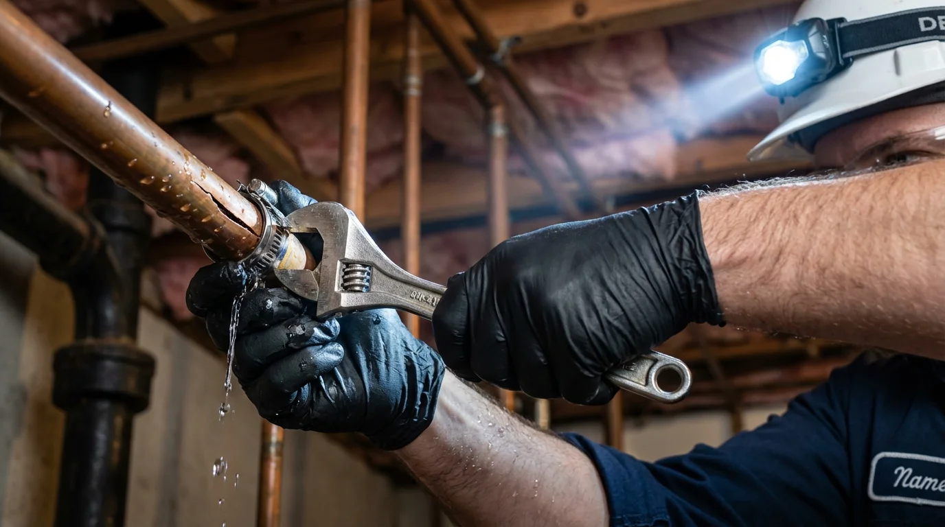 Emergency pipe clamp repair being performed by a Johns Plumbing LLC plumber in Kingsland