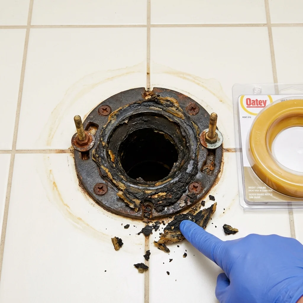 Failed wax ring showing water seepage at the base of a toilet in a Kingsland, GA home