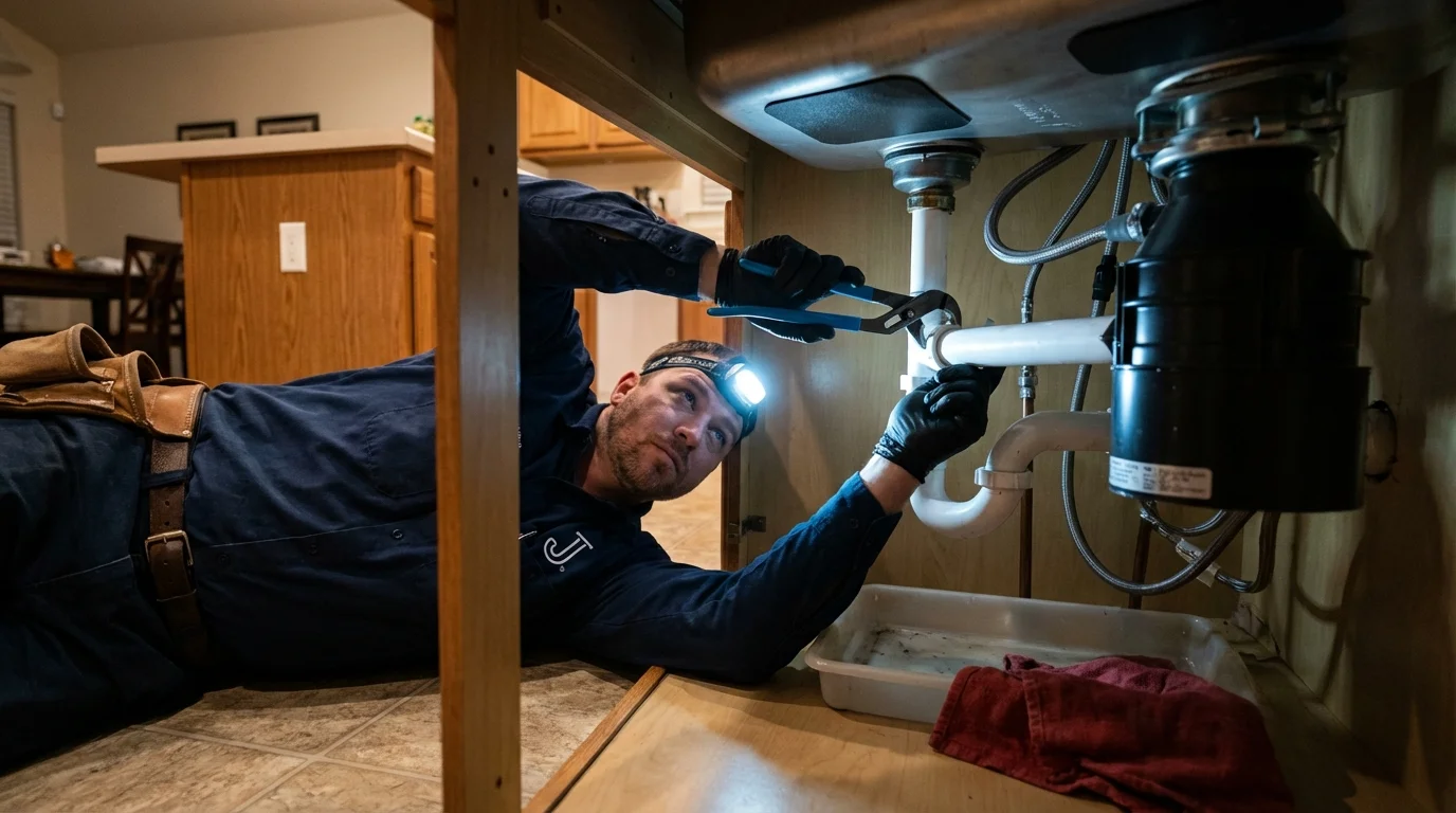 P-trap and supply line connections under a kitchen sink showing a common leak point in Kingsland, GA